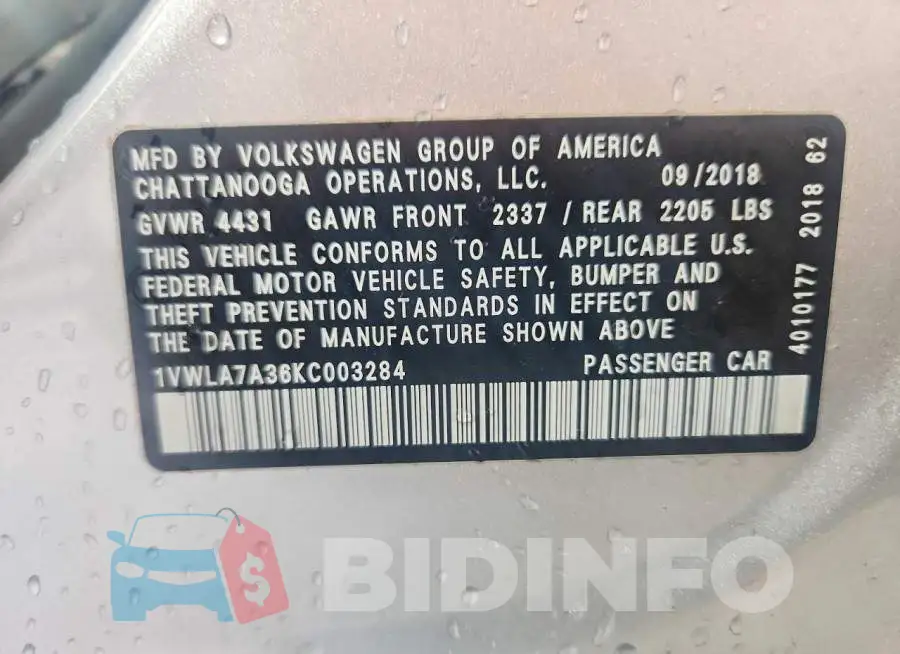 1VWLA7A36KC003284 Photo# 13