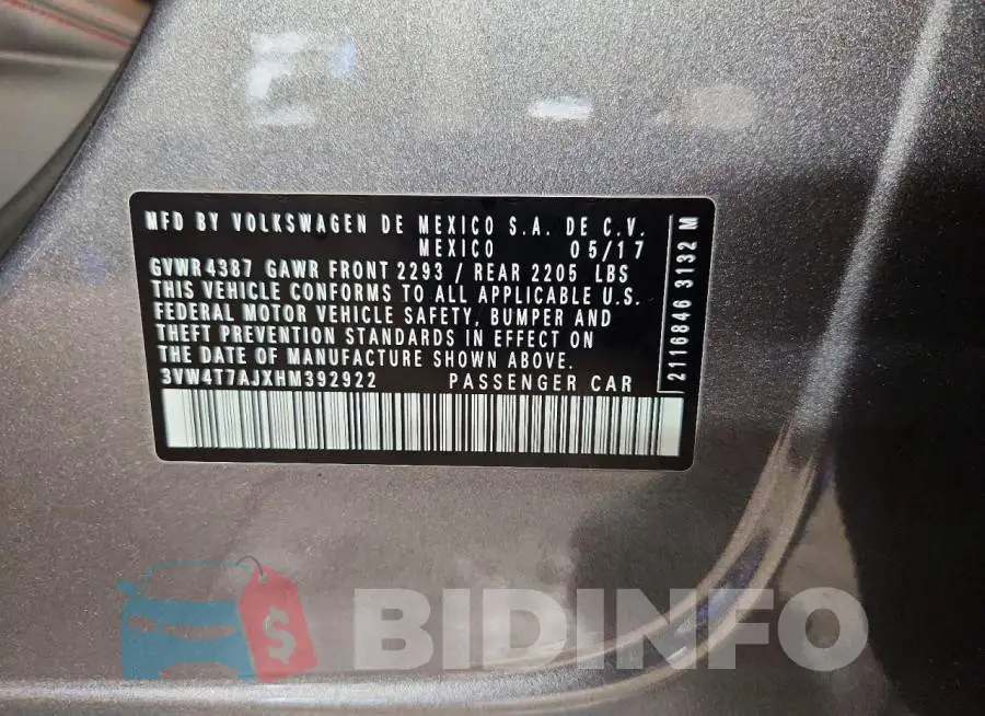 3VW4T7AJXHM392922 Photo# 12