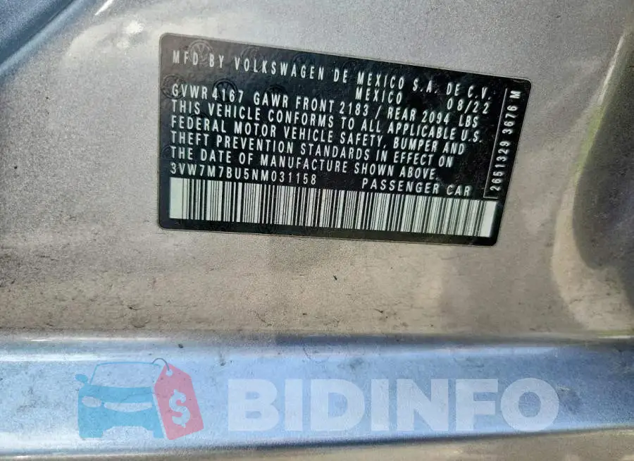 3VW7M7BU5NM031158 Photo# 12