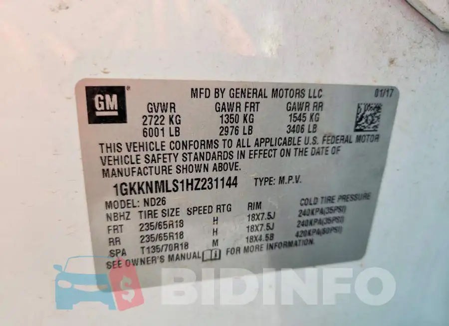 1GKKNMLS1HZ231144 Photo# 13