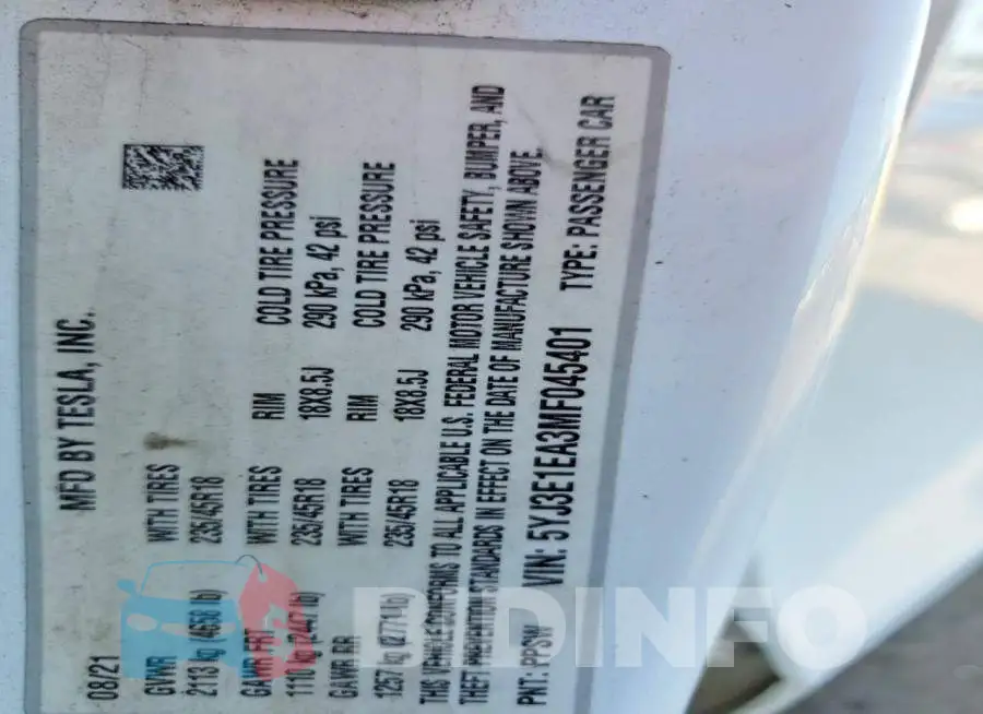 5YJ3E1EA3MF045401 Photo# 12
