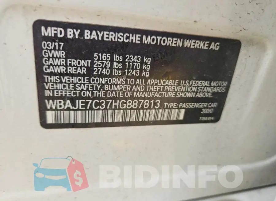 WBAJE7C37HG887813 Photo# 12