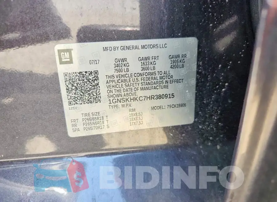 1GNSKHKC7HR380915 Photo# 13