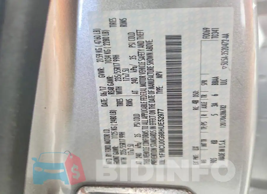 1FMCU0G98HUE52977 Photo# 14