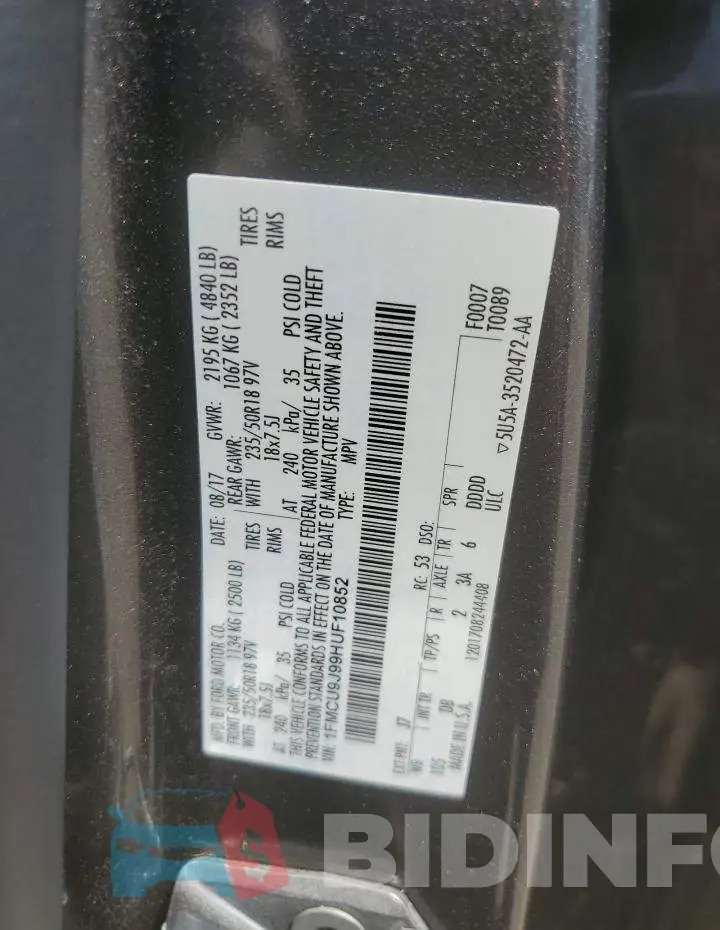 1FMCU9J99HUF10852 Photo# 14