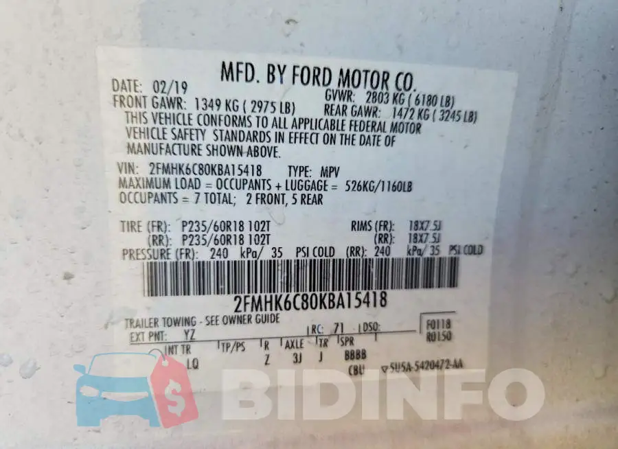 2FMHK6C80KBA15418 Photo# 13