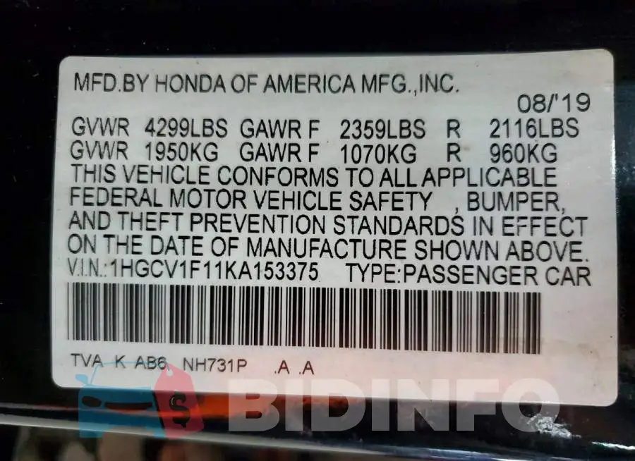 1HGCV1F11KA153375 Photo# 12