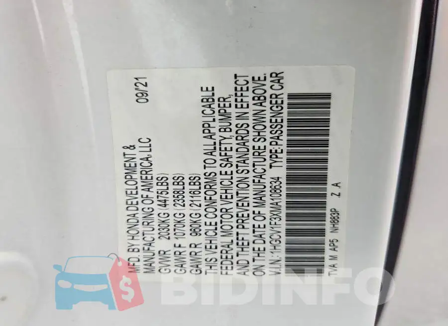 1HGCV1F3XMA108634 Photo# 12