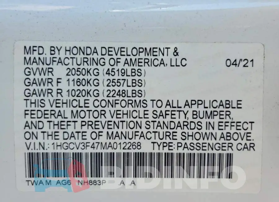 1HGCV3F47MA012268 Photo# 13