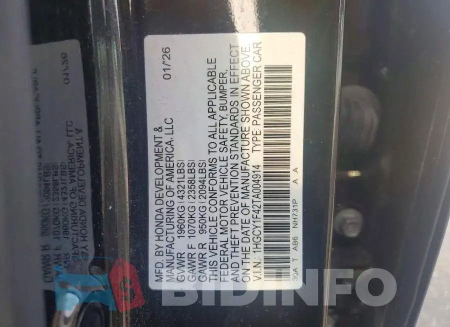 1HGCY1F42TA004914 Photo# 13