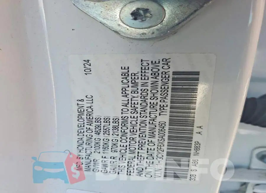 1HGCY2F6XSA006450 Photo# 12