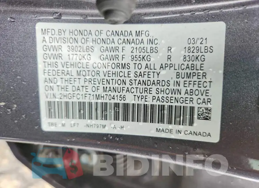 2HGFC1F71MH704156 Photo# 12