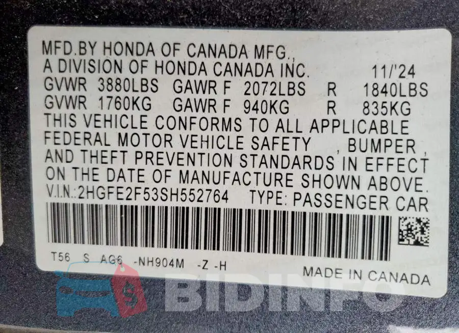 2HGFE2F53SH552764 Photo# 12