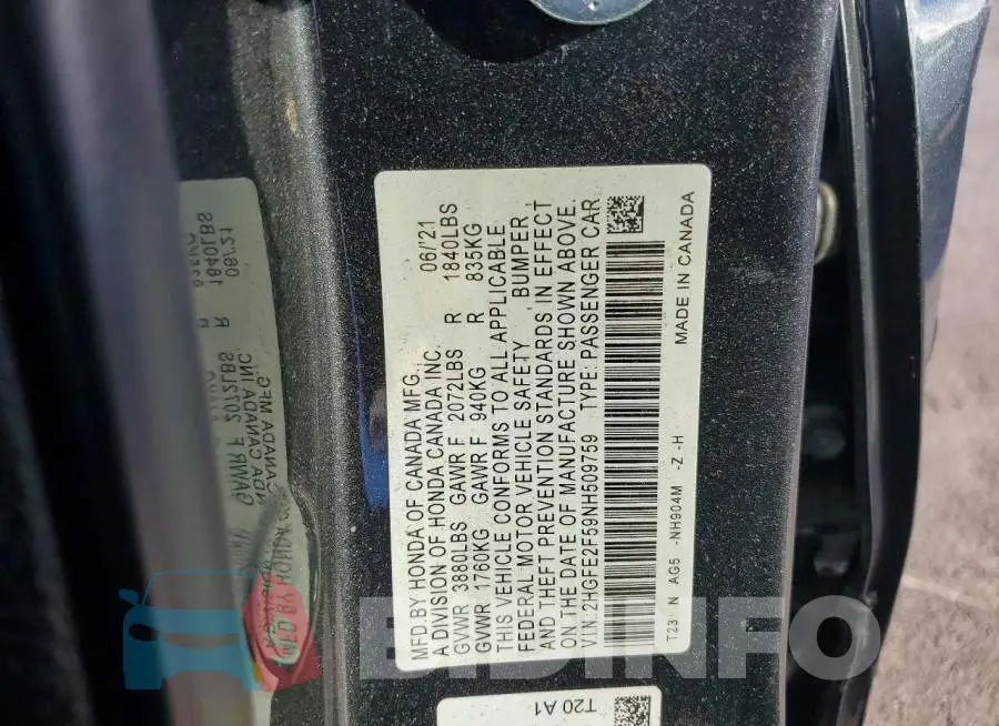 2HGFE2F59NH509759 Photo# 12
