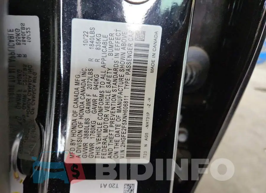 2HGFE2F5XNH606811 Photo# 12