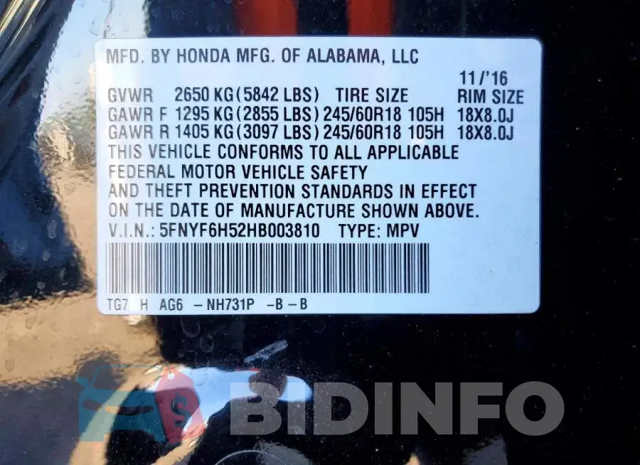 5FNYF6H52HB003810 Photo# 13