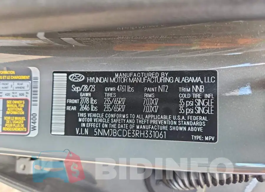 5NMJBCDE3RH331061 Photo# 14