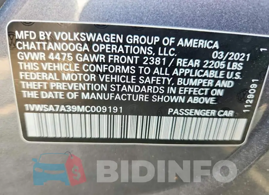 1VWSA7A39MC009191 Photo# 12
