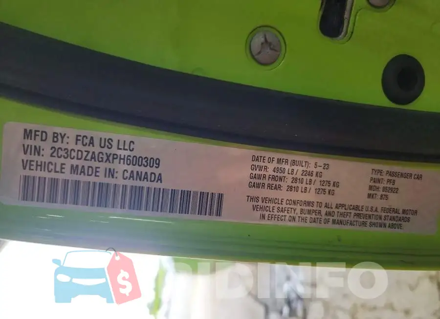 2C3CDZAGXPH600309 Photo# 12