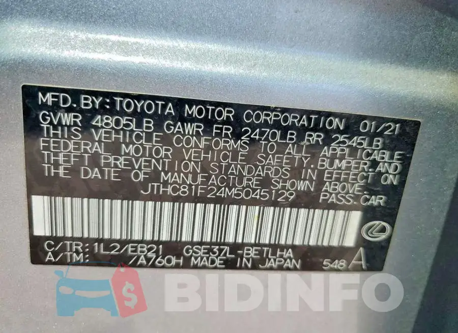 JTHC81F24M5045129 Photo# 12