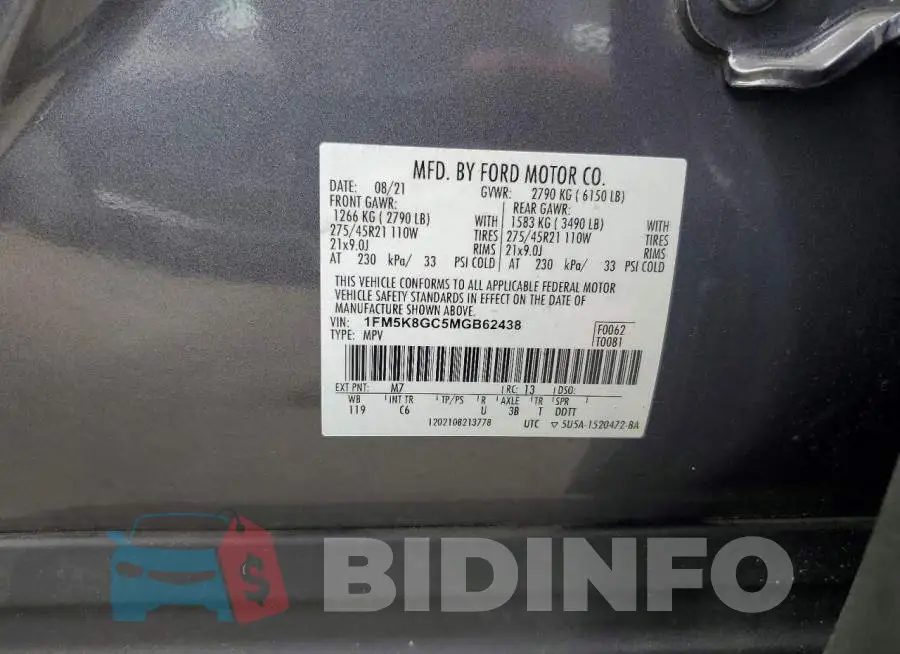 1FM5K8GC5MGB62438 Photo# 13