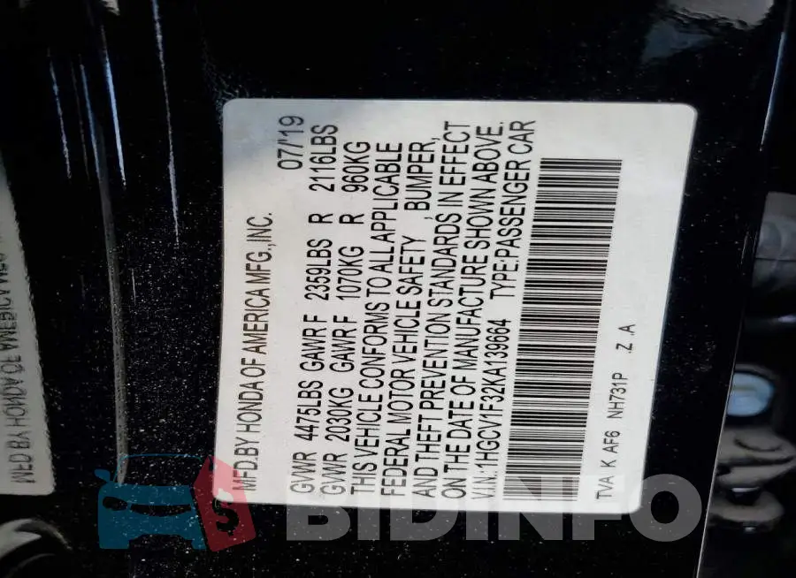 1HGCV1F32KA139664 Photo# 12