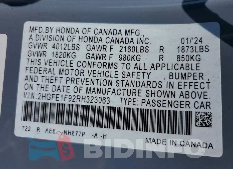 2HGFE1F92RH323063 Photo# 12