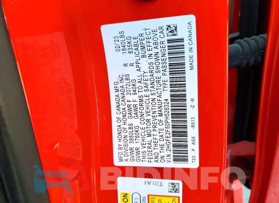 2HGFE2F50PH526324 Photo# 13