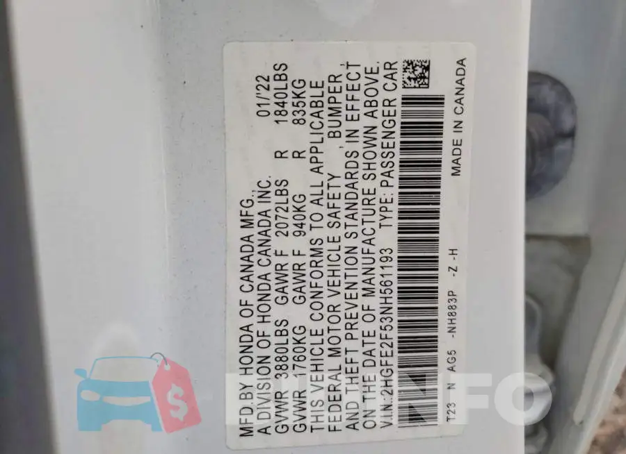 2HGFE2F53NH561193 Photo# 12