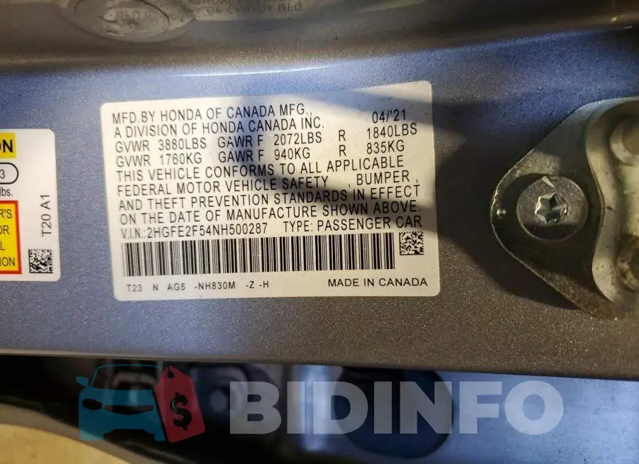 2HGFE2F54NH500287 Photo# 13