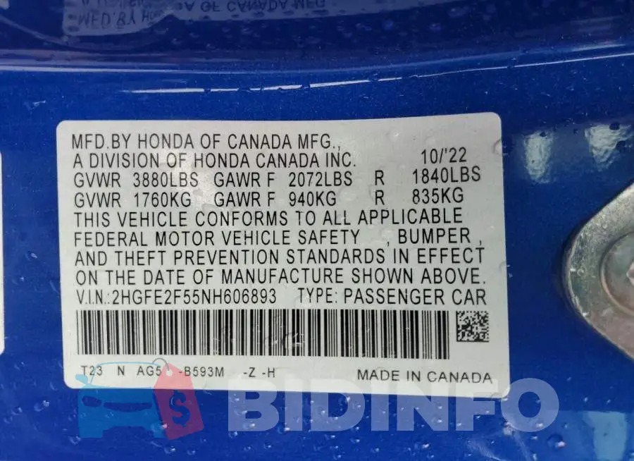 2HGFE2F55NH606893 Photo# 12