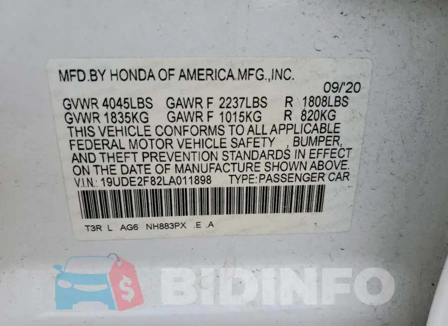 19UDE2F82LA011898 Photo# 12