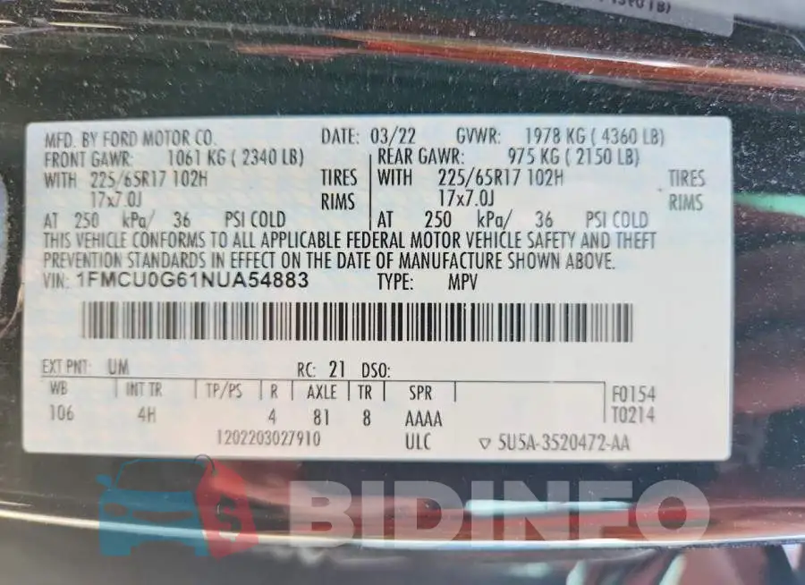 1FMCU0G61NUA54883 Photo# 13