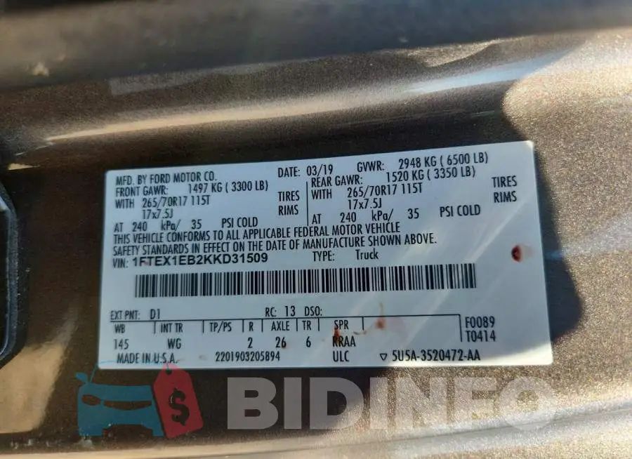 1FTEX1EB2KKD31509 Photo# 12