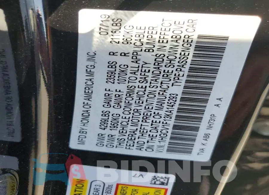1HGCV1F13KA145293 Photo# 12