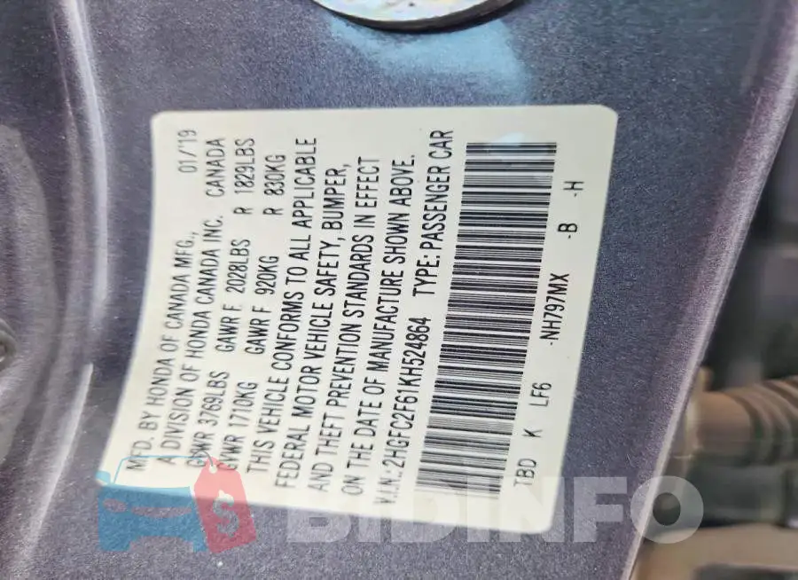 2HGFC2F61KH524864 Photo# 12