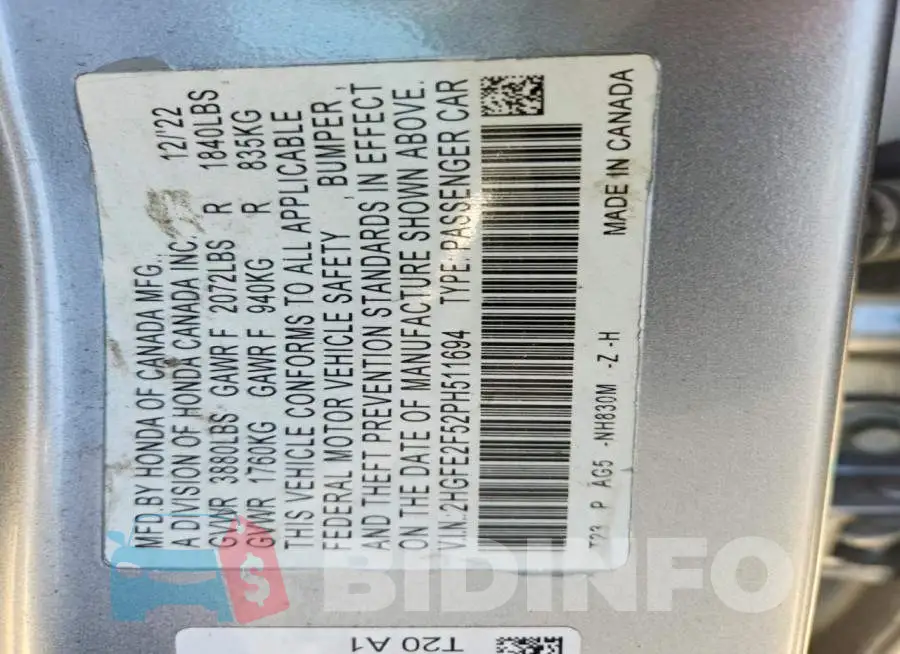 2HGFE2F52PH511694 Photo# 12