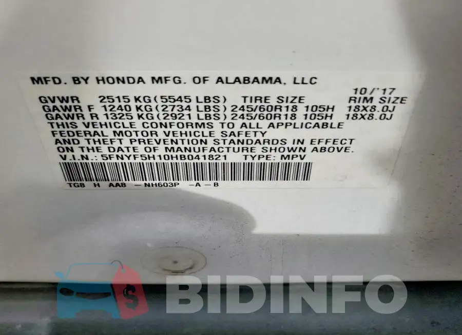 5FNYF5H10HB041821 Photo# 14
