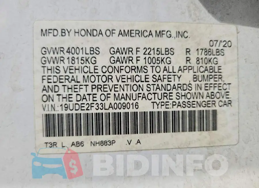 19UDE2F33LA009016 Photo# 12