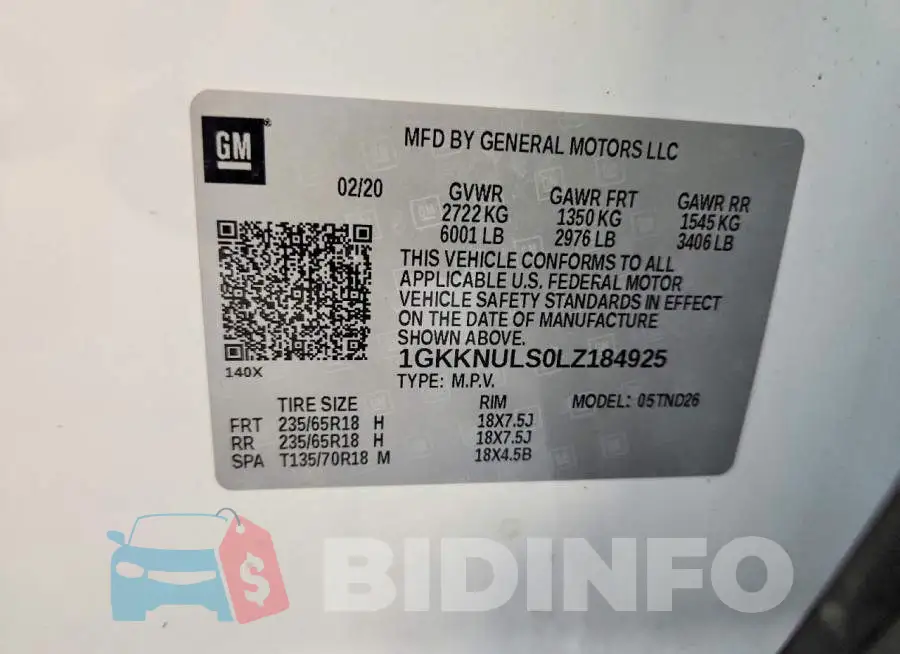 1GKKNULS0LZ184925 Photo# 14