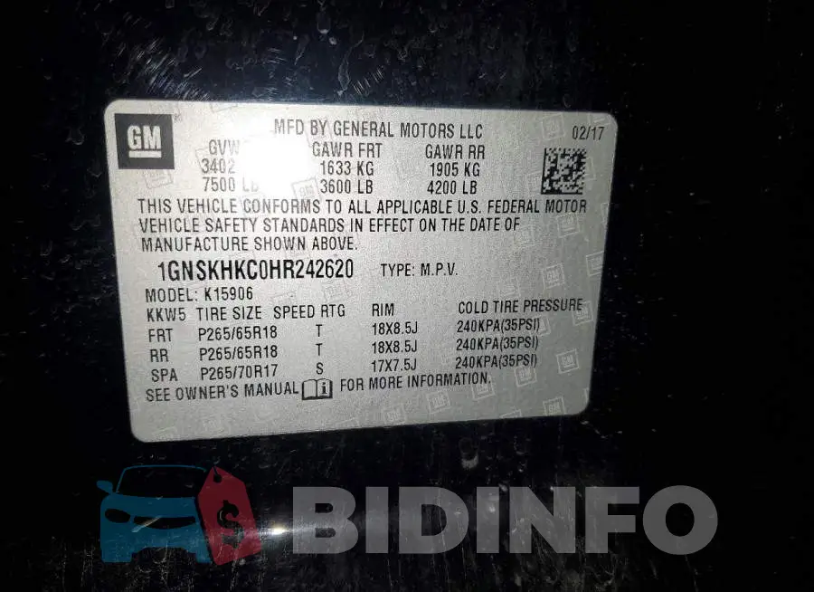 1GNSKHKC0HR242620 Photo# 13