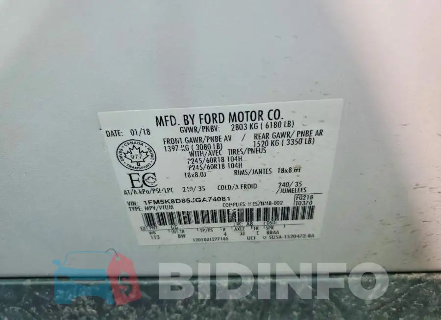 1FM5K8D85JGA74081 Photo# 13
