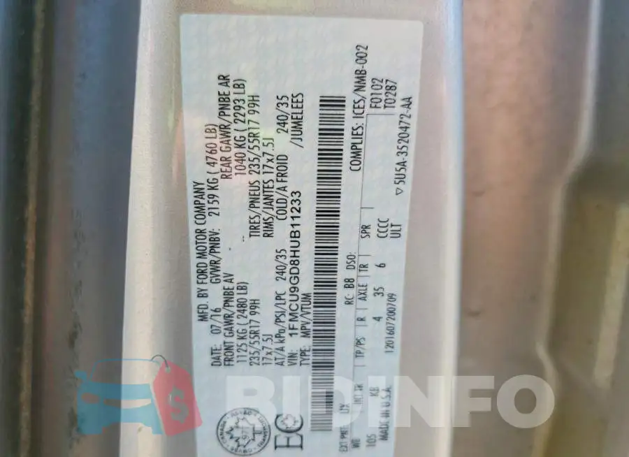 1FMCU9GD8HUB11233 Photo# 13
