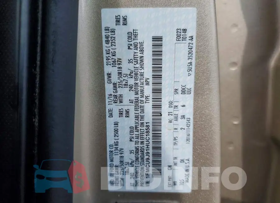 1FMCU9J91HUC18581 Photo# 12
