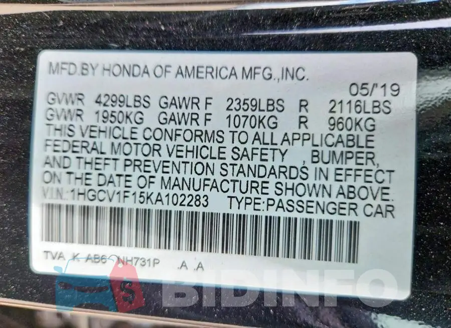 1HGCV1F15KA102283 Photo# 12