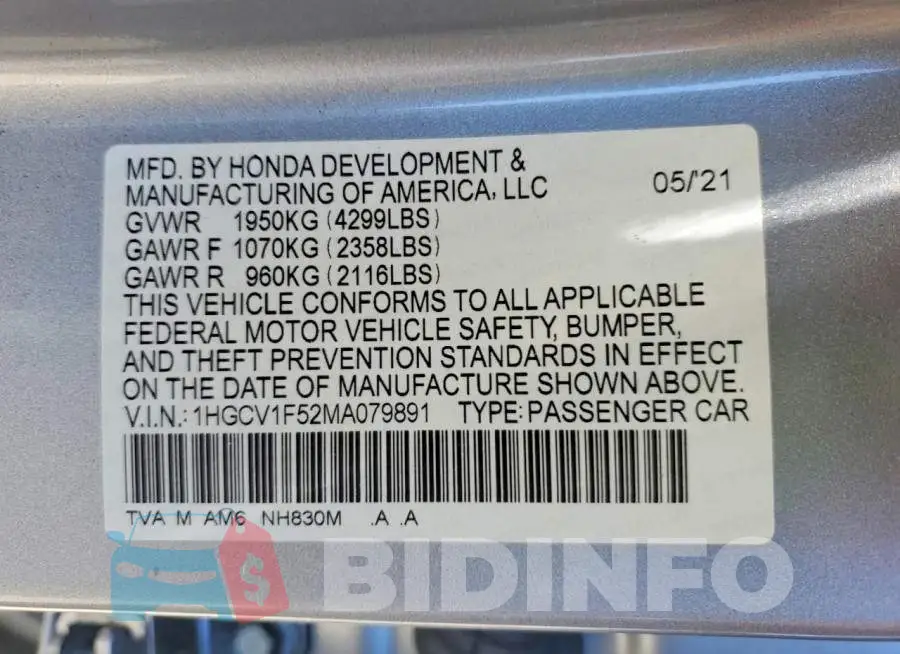 1HGCV1F52MA079891 Photo# 12