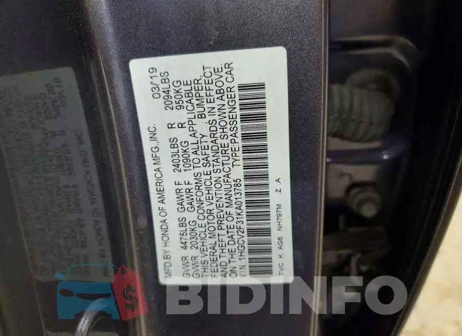 1HGCV2F31KA013785 Photo# 12