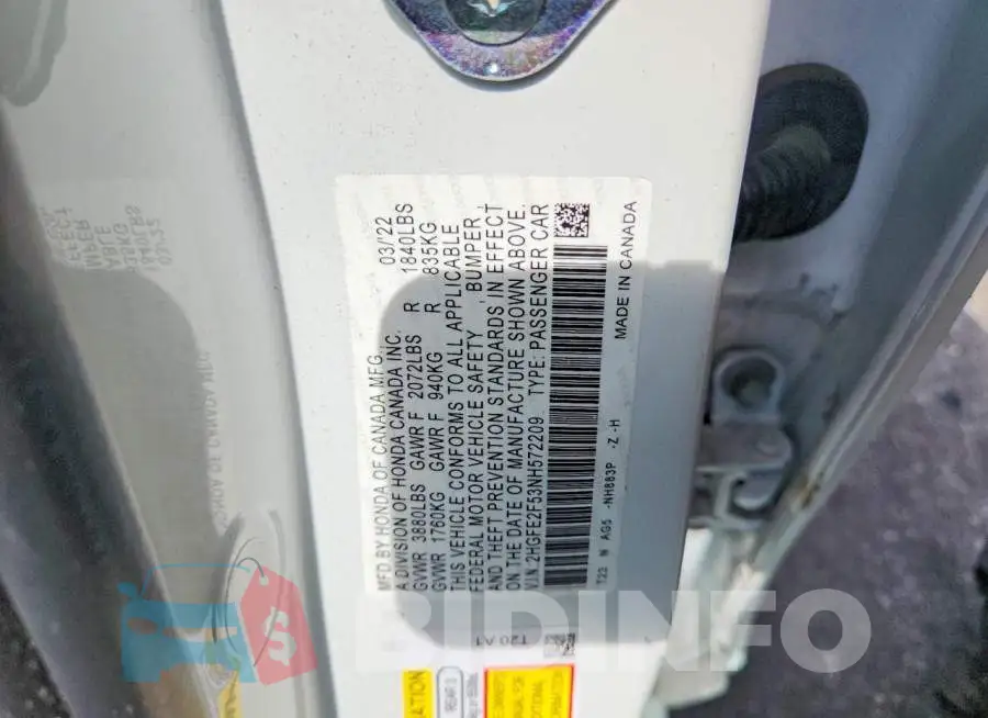 2HGFE2F53NH572209 Photo# 12