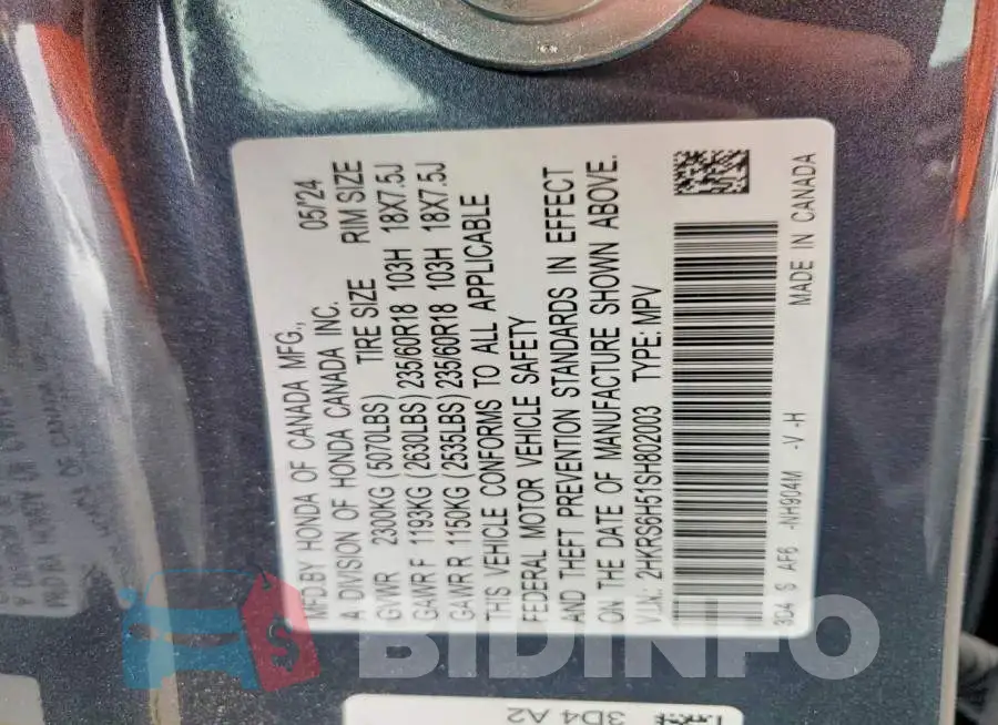 2HKRS6H51SH802003 Photo# 13