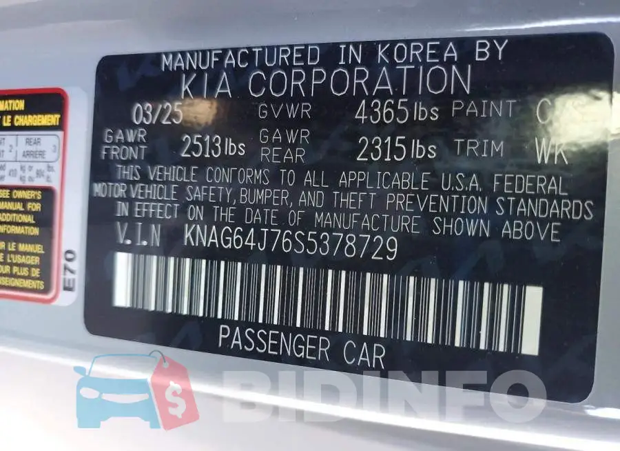 KNAG64J76S5378729 Photo# 12